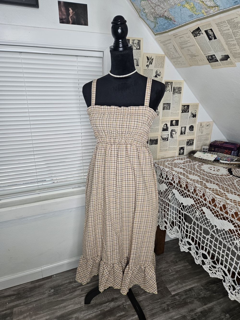 Brixton Beige Plaid Smocked Midi Dress